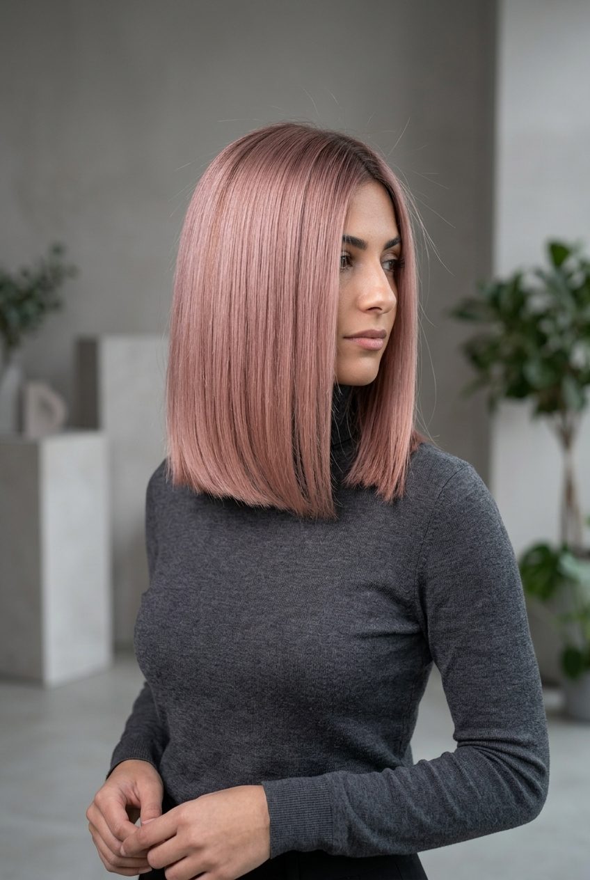 Romantic Dusty Rose Strawberry Solid 2026 shoulder-length dusty rose strawberry solid with muted pink-gold and cool ash tones, solid color, no fringe — romantic evening event