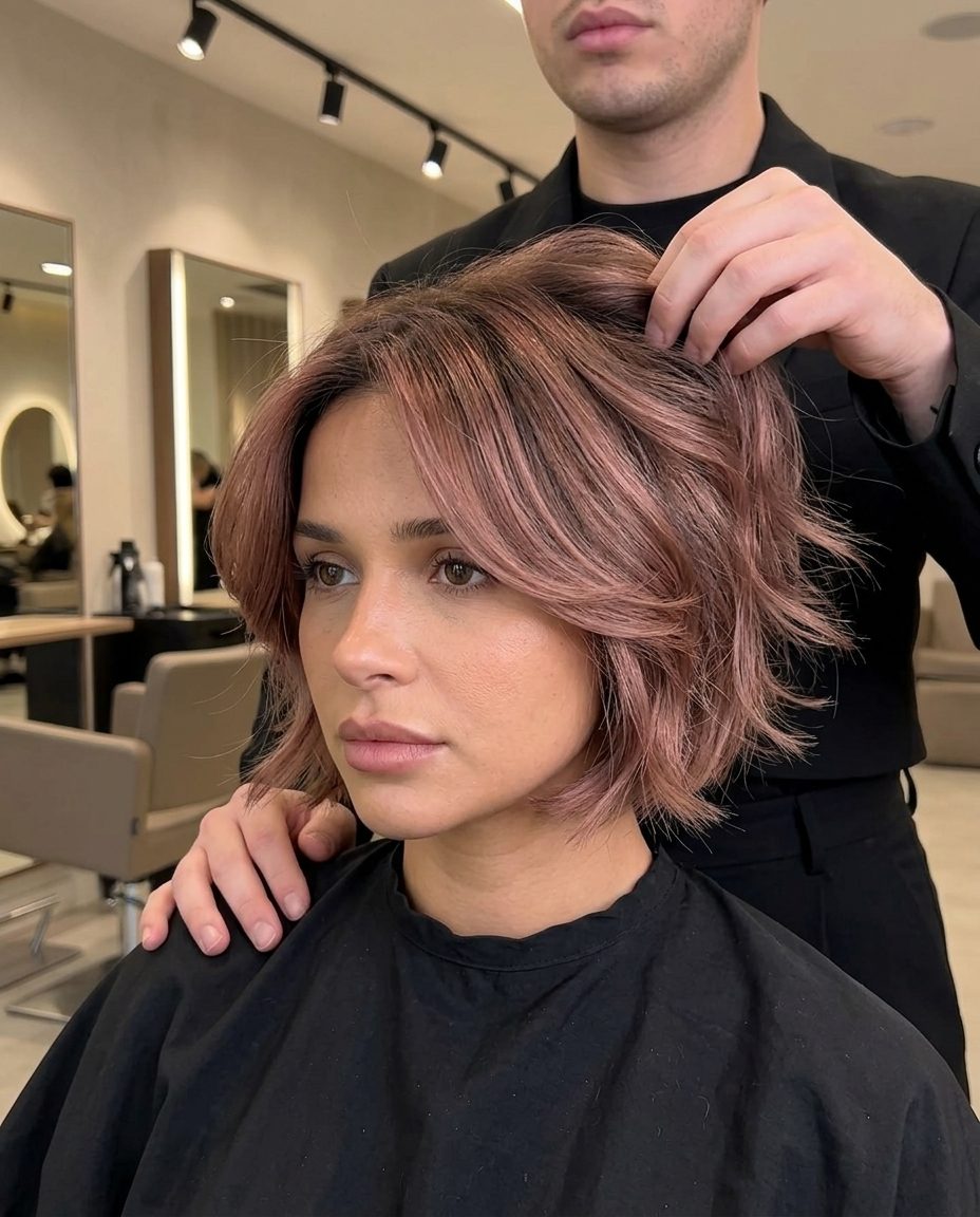 Dusty Rosewood Bixie Haircut 2026 short layered bixie haircut with dusty rosewood balayage, face-framing layers, tapered nape — playful romantic style