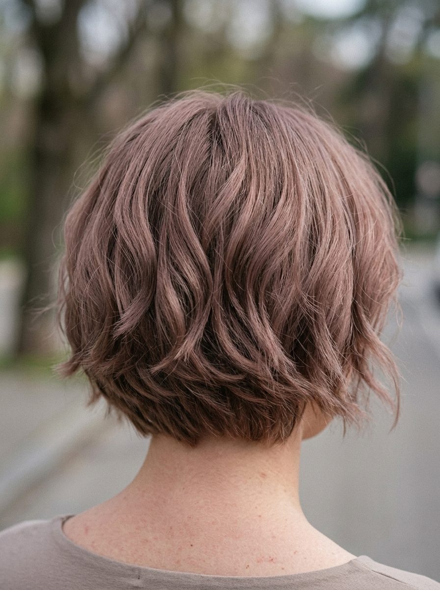 Dusty Rosewood Bixie Haircut 2026 short layered bixie haircut in muted brownish-pink with mauve undertones, wispy fringe — romantic & whimsical