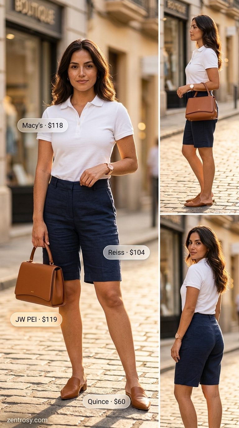 Navy Bermuda shorts outfit for easy every day summer outfits for women 2026. Polished smart casual look.