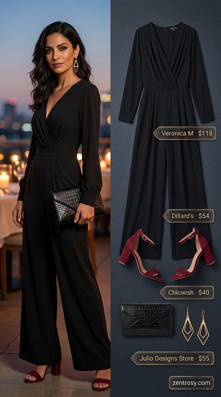 Black wide-leg jumpsuit for easy every day summer outfits for women 2026, perfect for al fresco dinners.