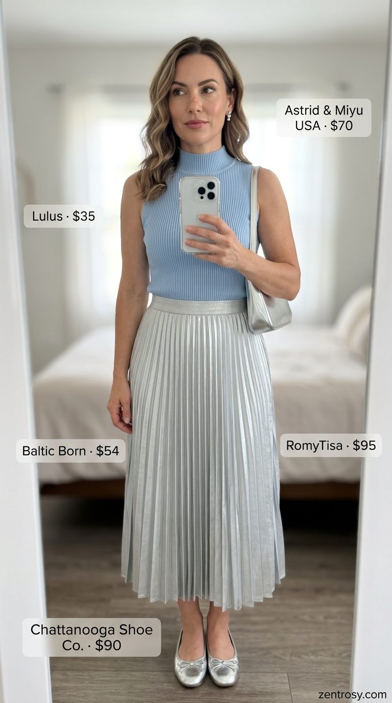 Soft blue midi skirt and white top for easy every day summer outfits for women 2026, ideal for gallery visits.