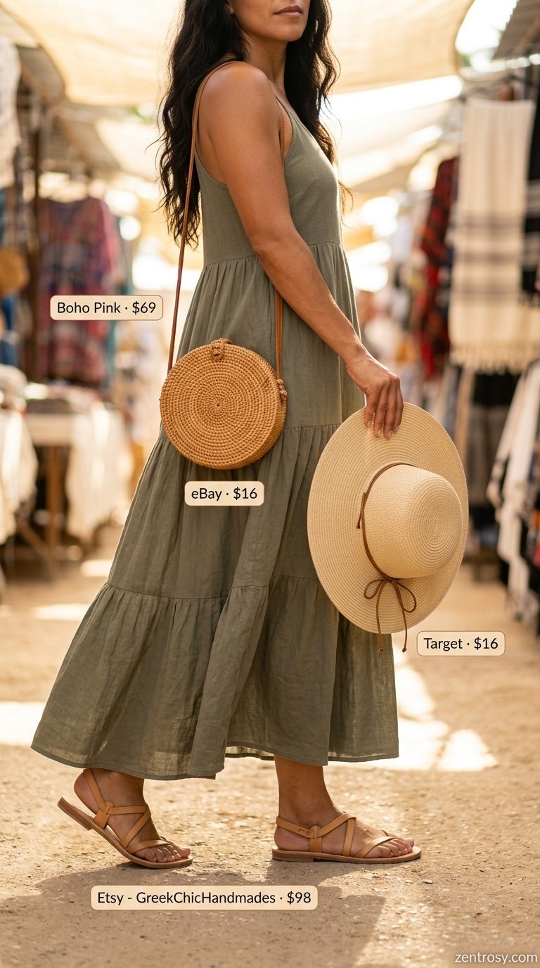 Olive green maxi dress with straw hat and sandals for easy every day summer outfits for women 2026.
