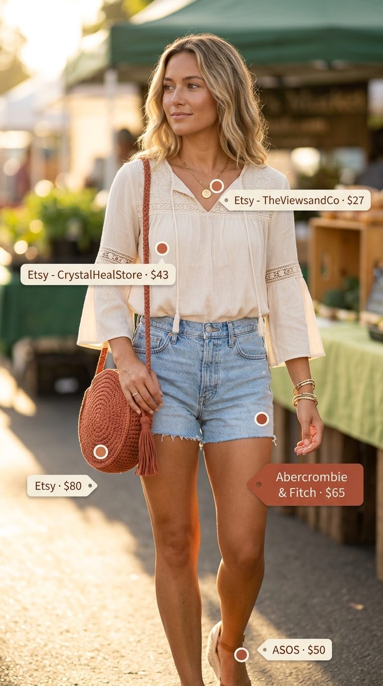 Denim shorts with peasant blouse and espadrille wedges for easy every day summer outfits for women 2026.