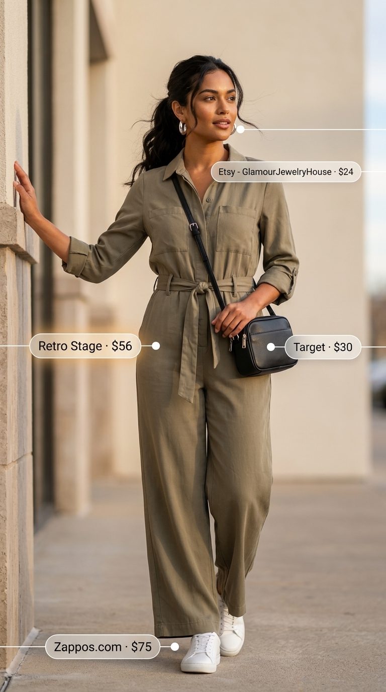 Khaki green utility jumpsuit with white sneakers for easy every day summer outfits for women 2026.