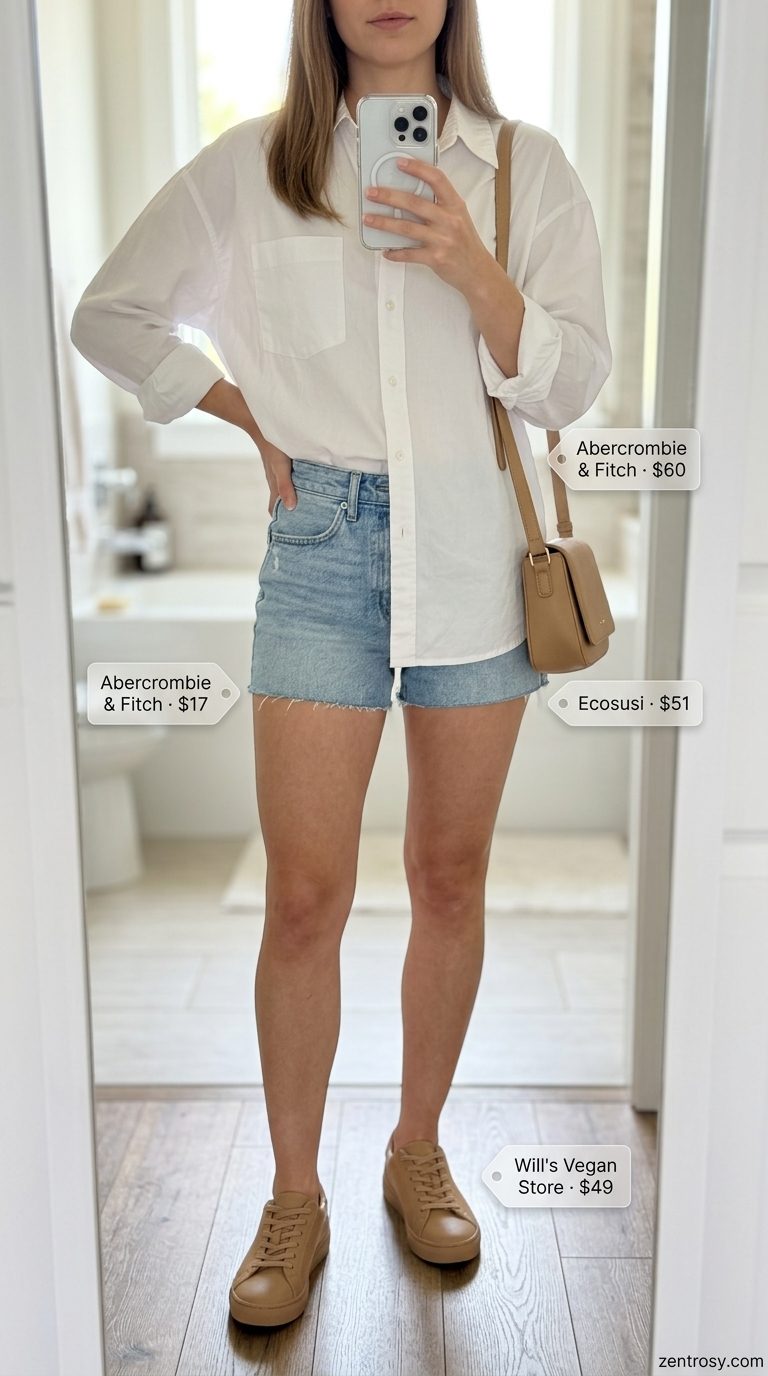Denim shorts and white shirt for easy every day summer outfits for women 2026, perfect for city brunch.