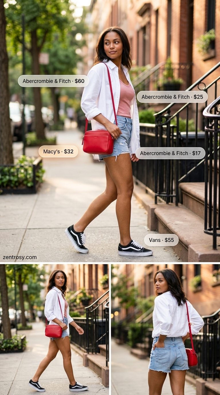 Denim shorts and white shirt outfit for easy every day summer outfits for women 2026. Casual city style.
