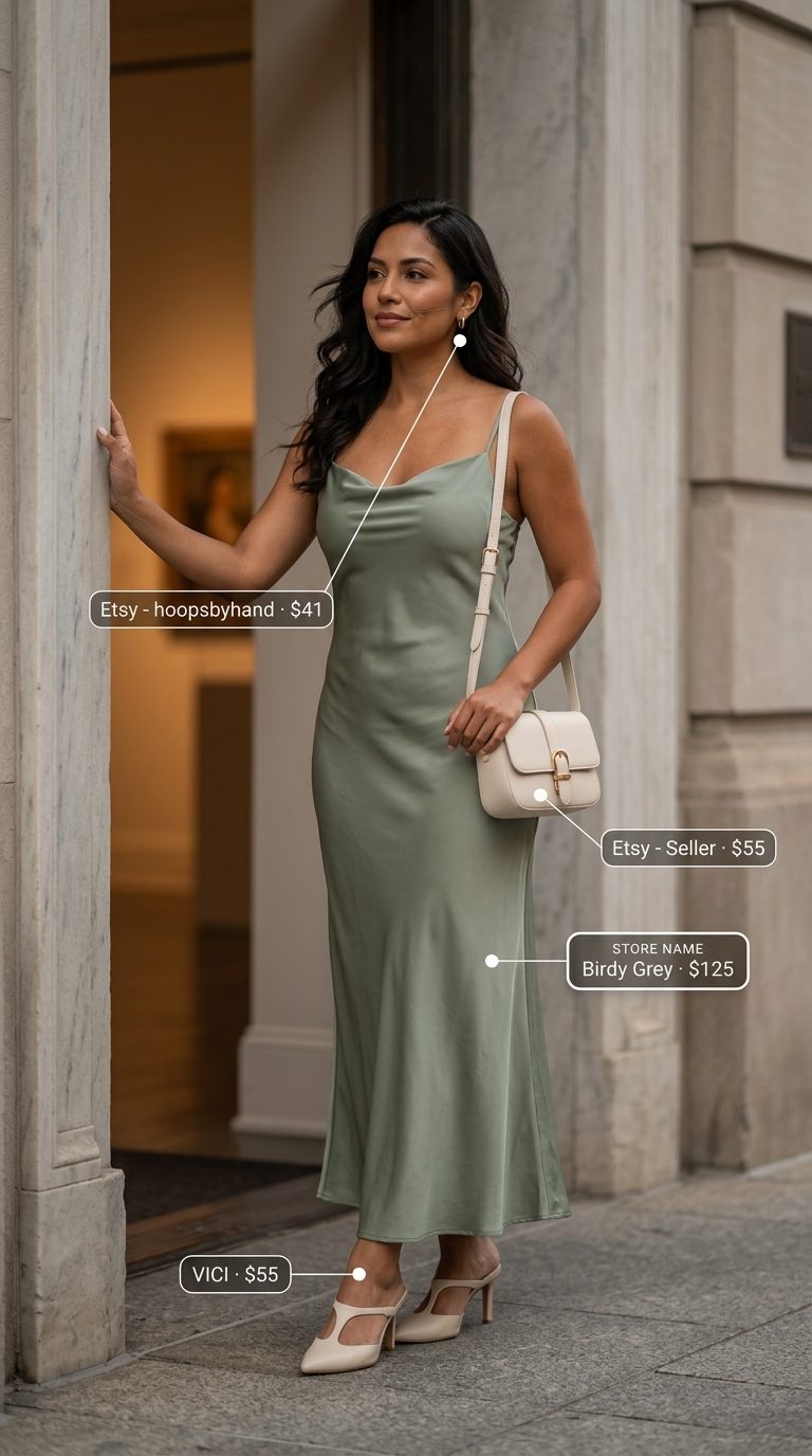 Sage green slip dress with cream mules for easy every day summer outfits for women 2026.