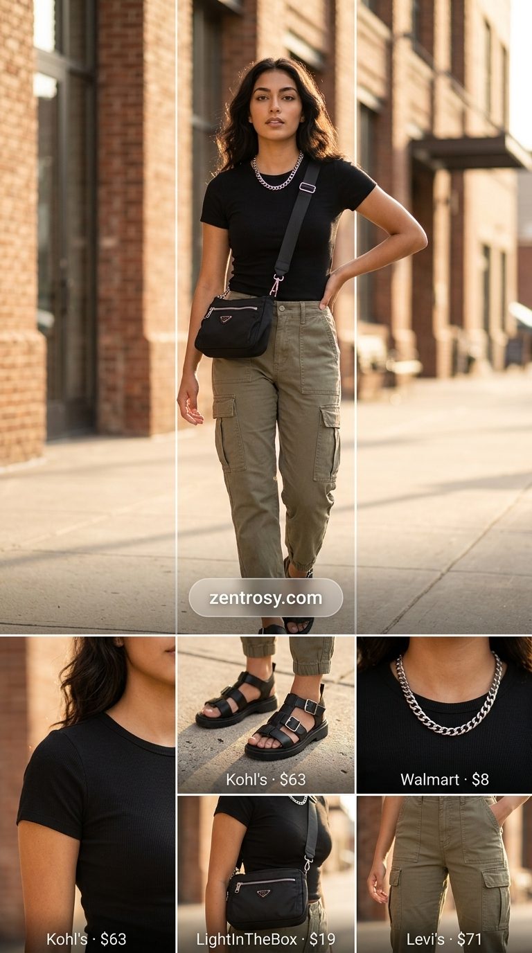 Khaki cargo pants and black tee for easy every day summer outfits for women 2026, perfect for urban exploration.