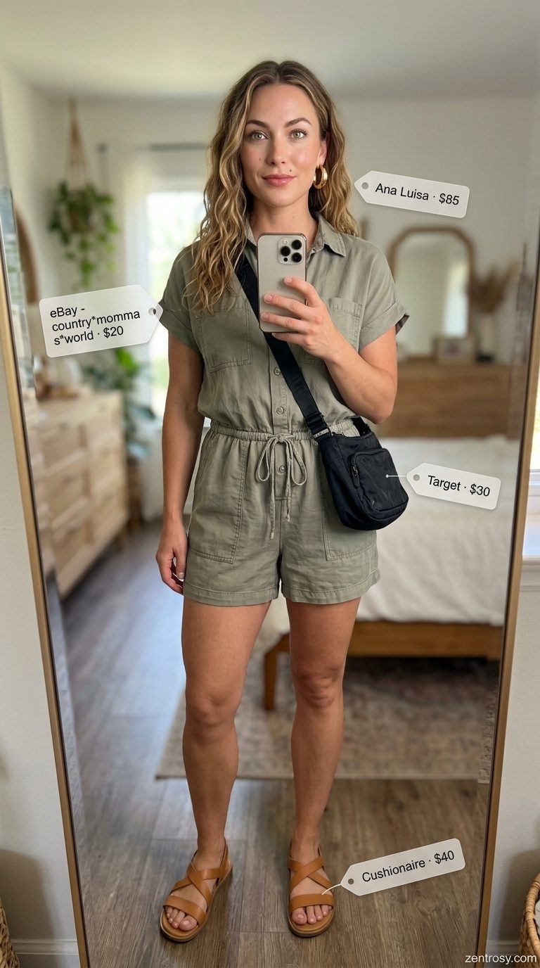 Khaki green utility romper with chunky sandals for easy every day summer outfits for women 2026.