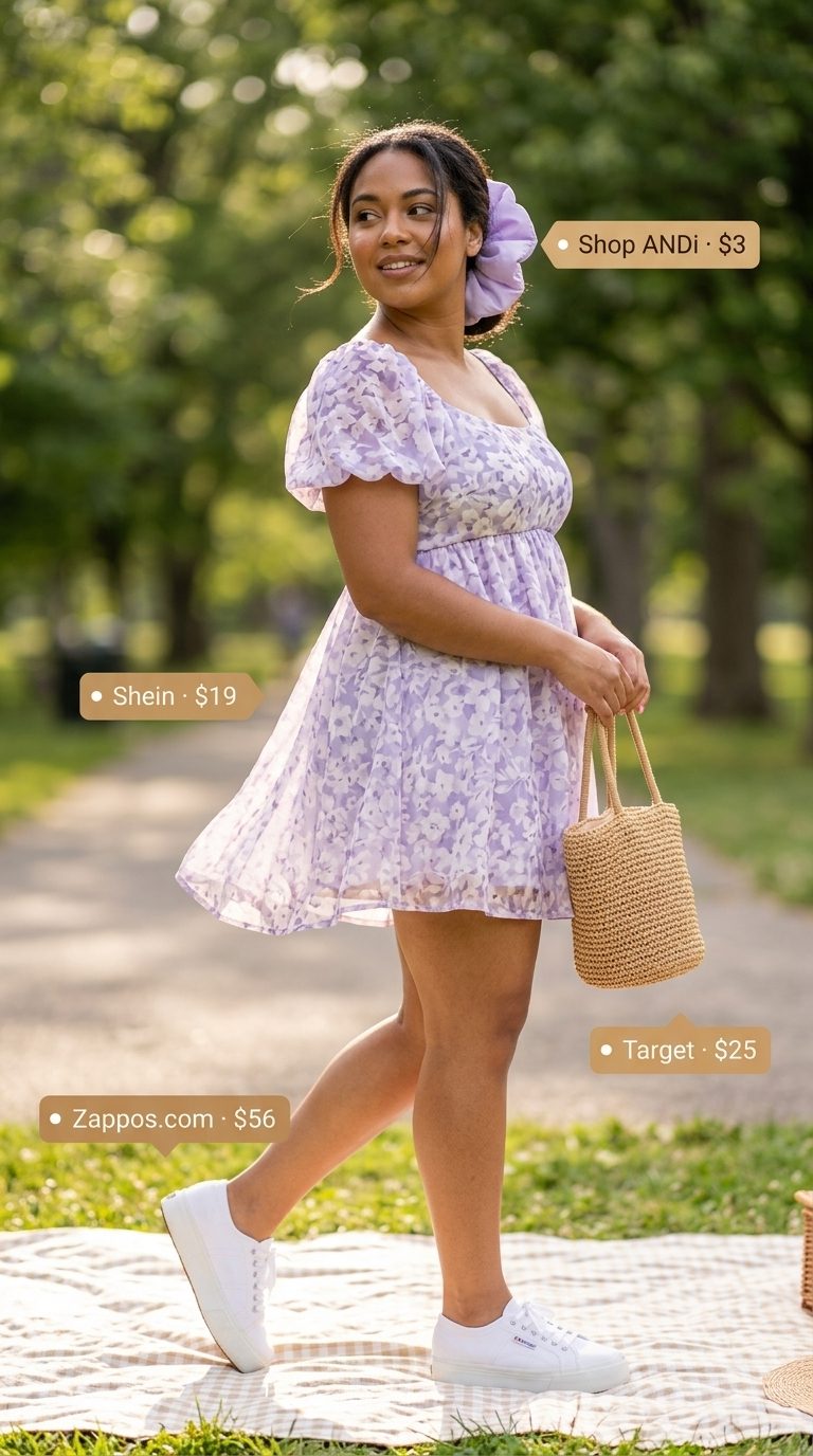 Lavender floral mini dress for easy every day summer outfits for women 2026, perfect for picnics.