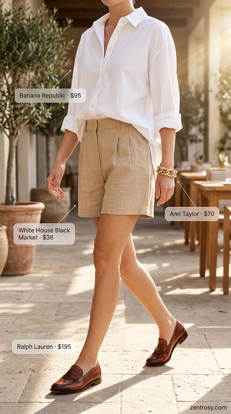 Navy linen shorts and white shirt for easy every day summer outfits for women 2026, perfect for resort lunches.