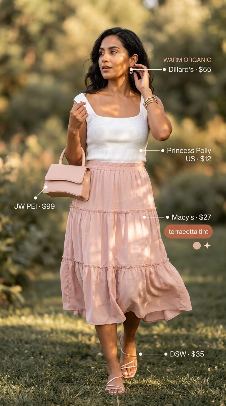 Blush pink tiered midi skirt outfit for easy every day summer outfits for women 2026, ideal for garden parties.