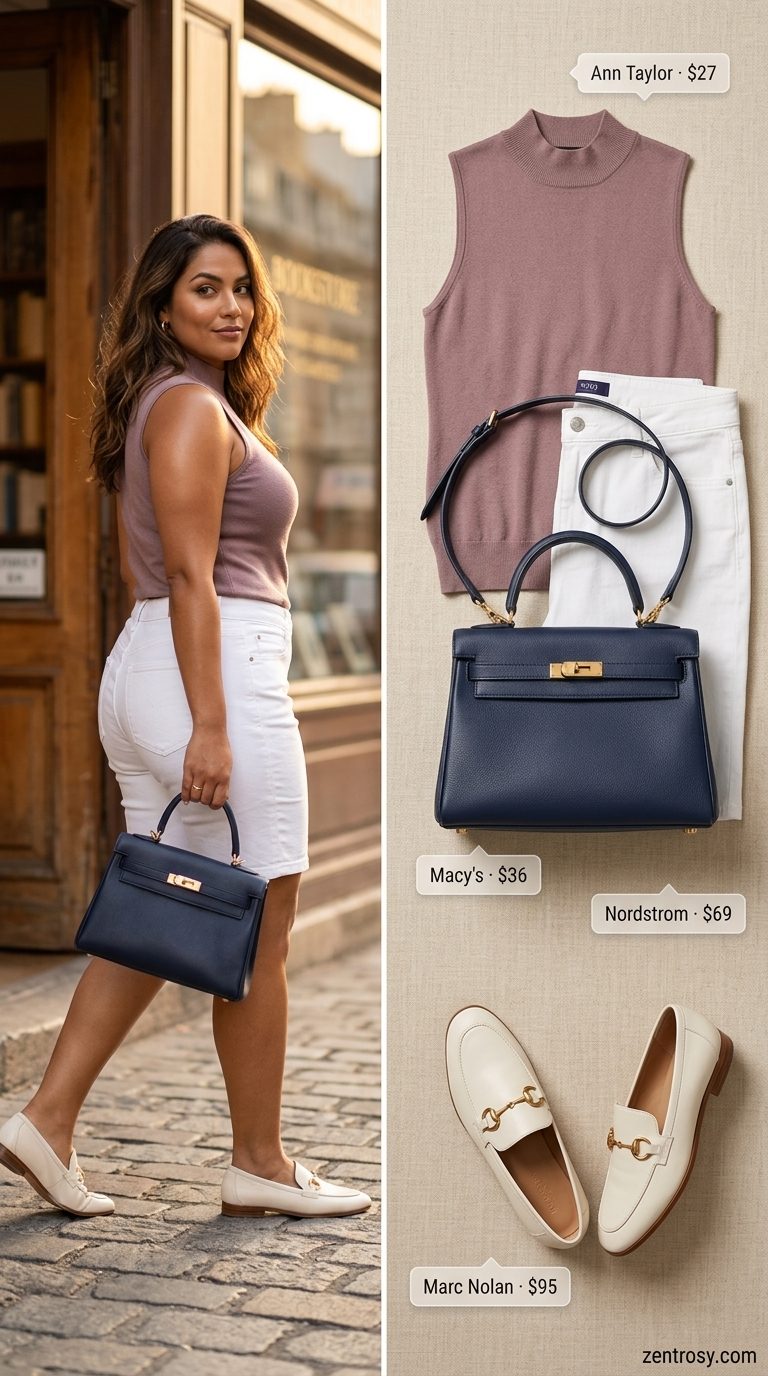 Navy Bermuda shorts with a white knit top and red bag for easy every day summer outfits for women 2026.