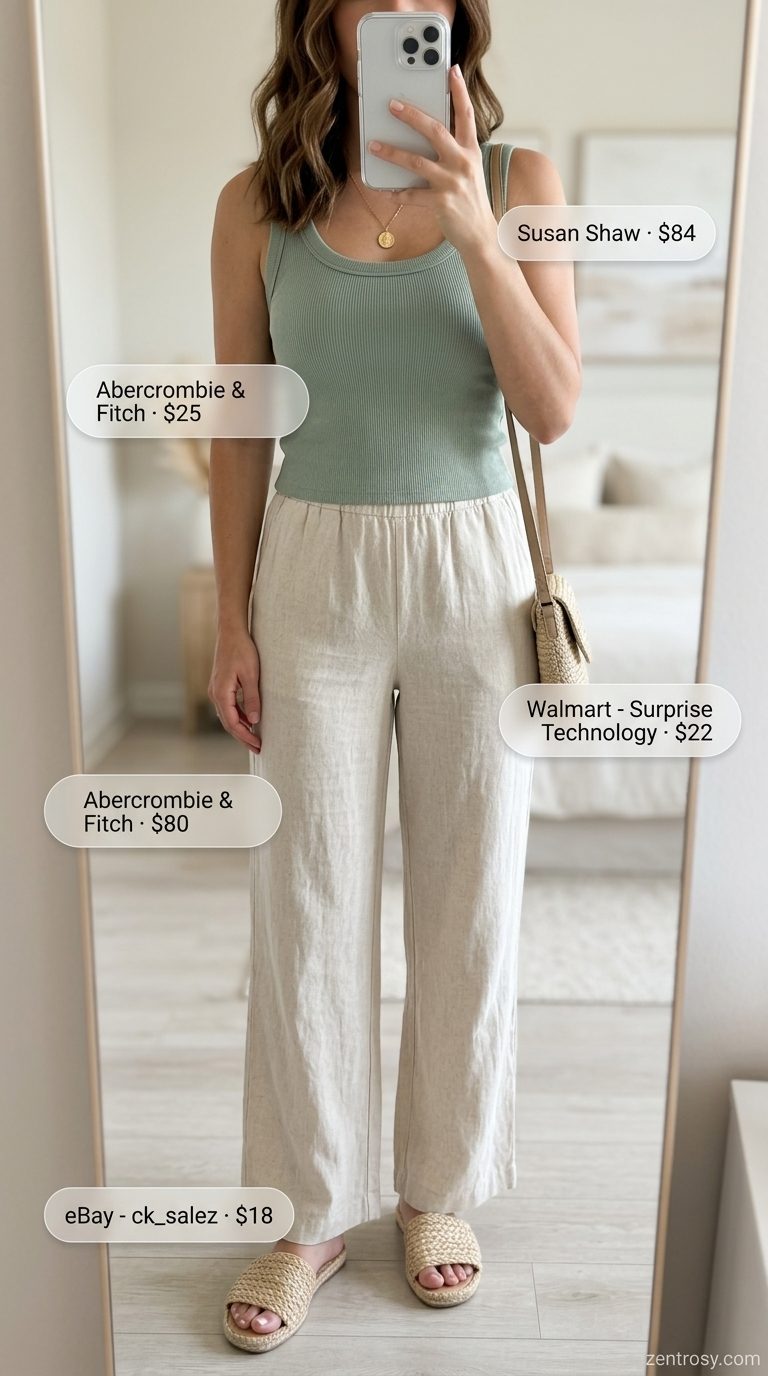 Sage green linen pants and cream tank for easy every day summer outfits for women 2026, perfect for coastal mornings.
