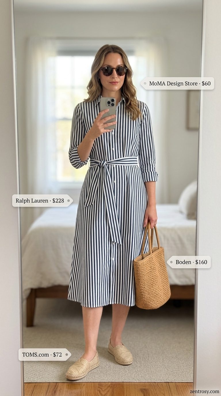 Blue and white striped midi dress with espadrilles for easy every day summer outfits for women 2026.