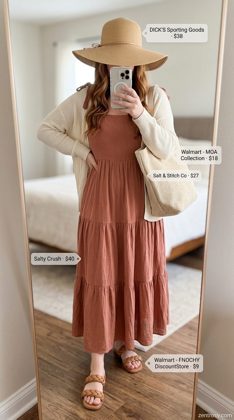 Terracotta maxi dress for easy every day summer outfits for women 2026, perfect for farmer's markets.