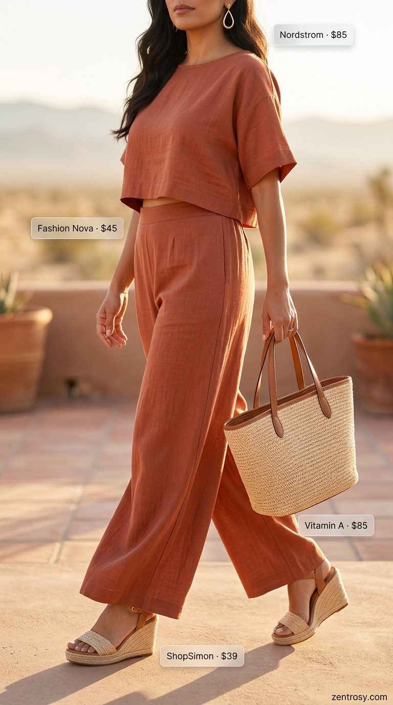 Terracotta linen matching set outfit for easy every day summer outfits for women 2026. Chic resort wear.