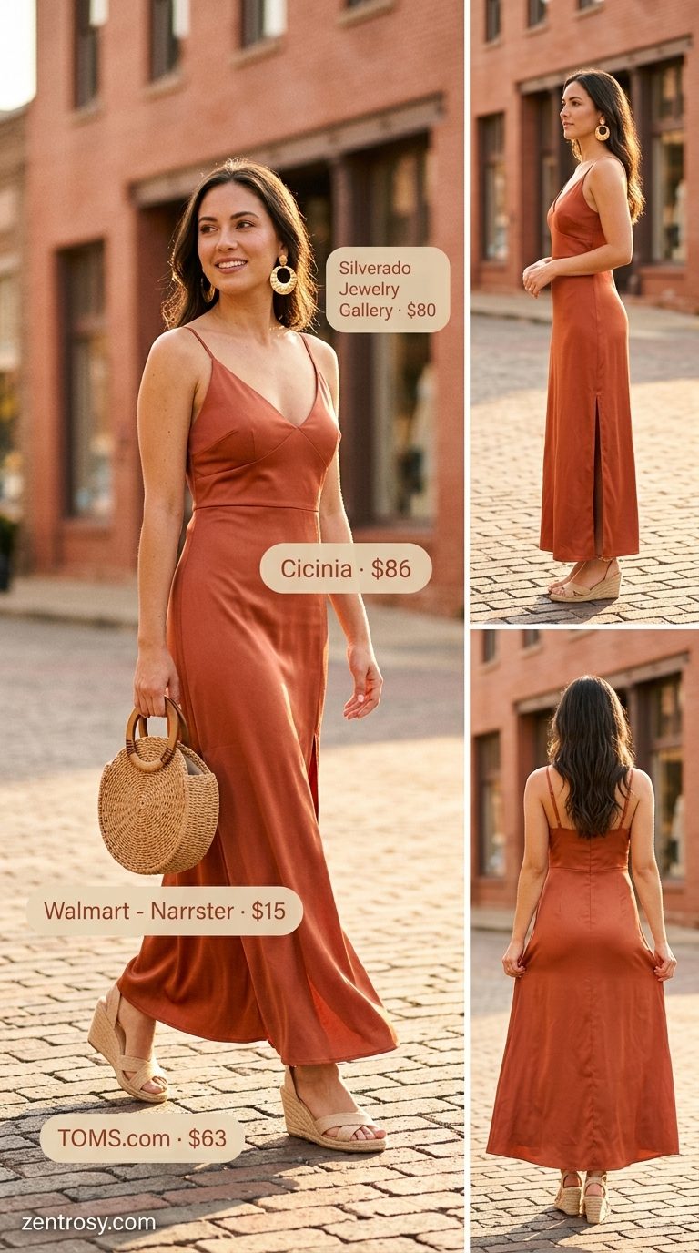 Terracotta satin slip dress outfit for easy every day summer outfits for women 2026. Relaxed vacation elegance.
