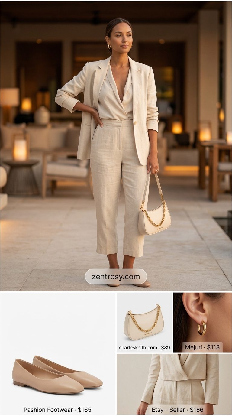 White linen matching set outfit for easy every day summer outfits for women 2026. Chic resort evening style.