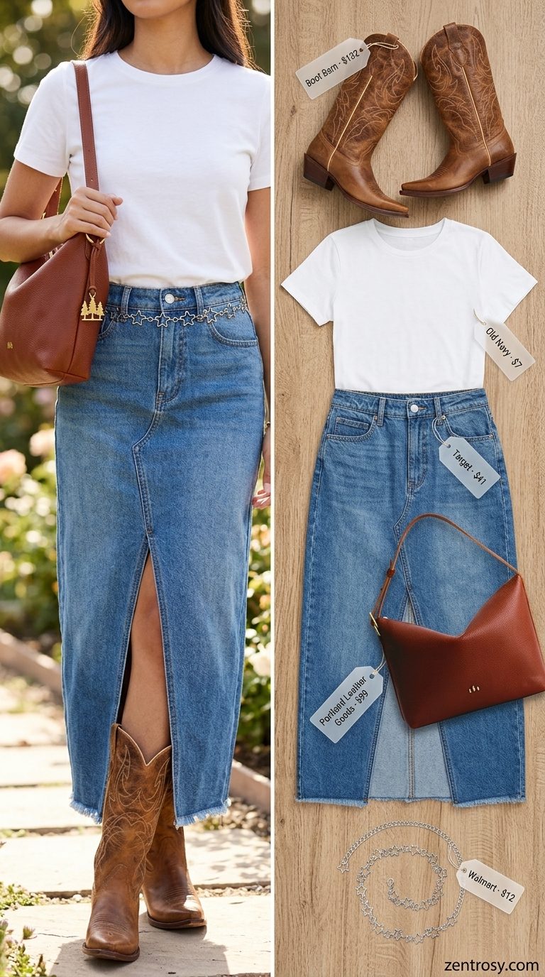 Easy Mom Outfits Summer 2026: Denim Maxi Skirt Style Easy mom outfits summer 2026: Retro denim maxi skirt, white tee, cowboy boots for a cool casual outing.