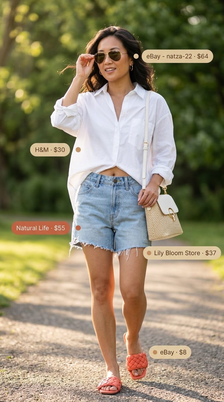 Easy Mom Outfits Summer 2026: Denim Shorts Style Easy mom outfits summer for women 2026: Denim shorts, oversized white shirt, slides, and sunglasses for beach.