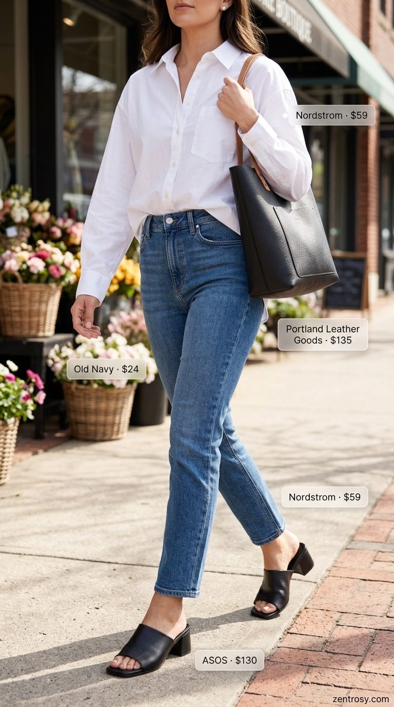 Easy Mom Outfits Summer 2026: Jeans Off-Duty Style Easy mom outfits summer 2026: Straight leg jeans, oversized white shirt, block heel slides.