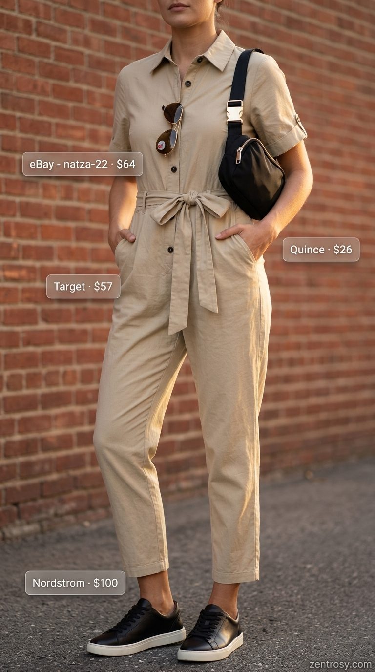 Easy Mom Outfits Summer 2026: Utility Jumpsuit Easy mom outfits summer for women 2026: Khaki utility jumpsuit with sneakers, belt bag, and sunglasses.