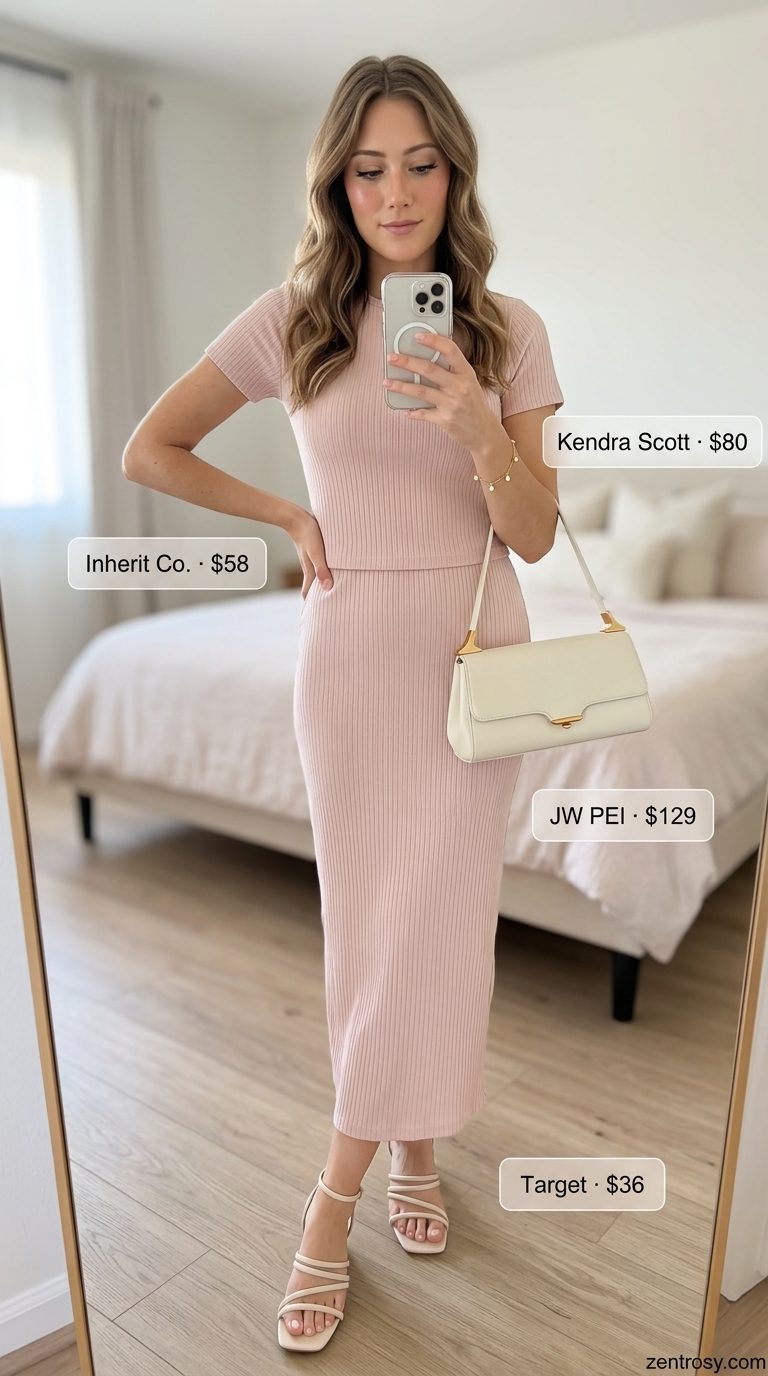 Easy Mom Outfits Summer 2026: Knit Set Brunch Chic Easy mom outfits summer 2026: Blush pink knit set, block heels, shoulder bag for brunch.