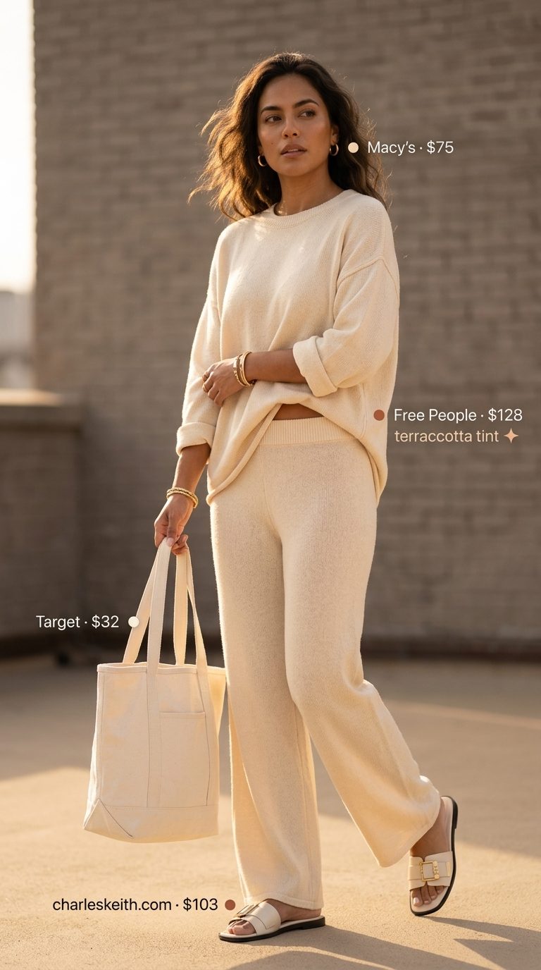 Easy Mom Outfits Summer 2026: Chic Knit Set Easy mom outfits summer for women 2026: Chic beige knit set with gold earrings and leather slides for travel.
