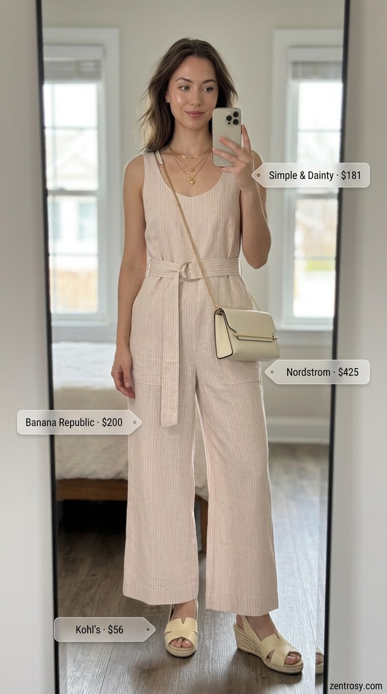 Easy Mom Outfits Summer 2026: Chic Linen Jumpsuit Travel Easy mom outfits summer 2026: Beige linen jumpsuit, espadrilles, layered necklace for travel.