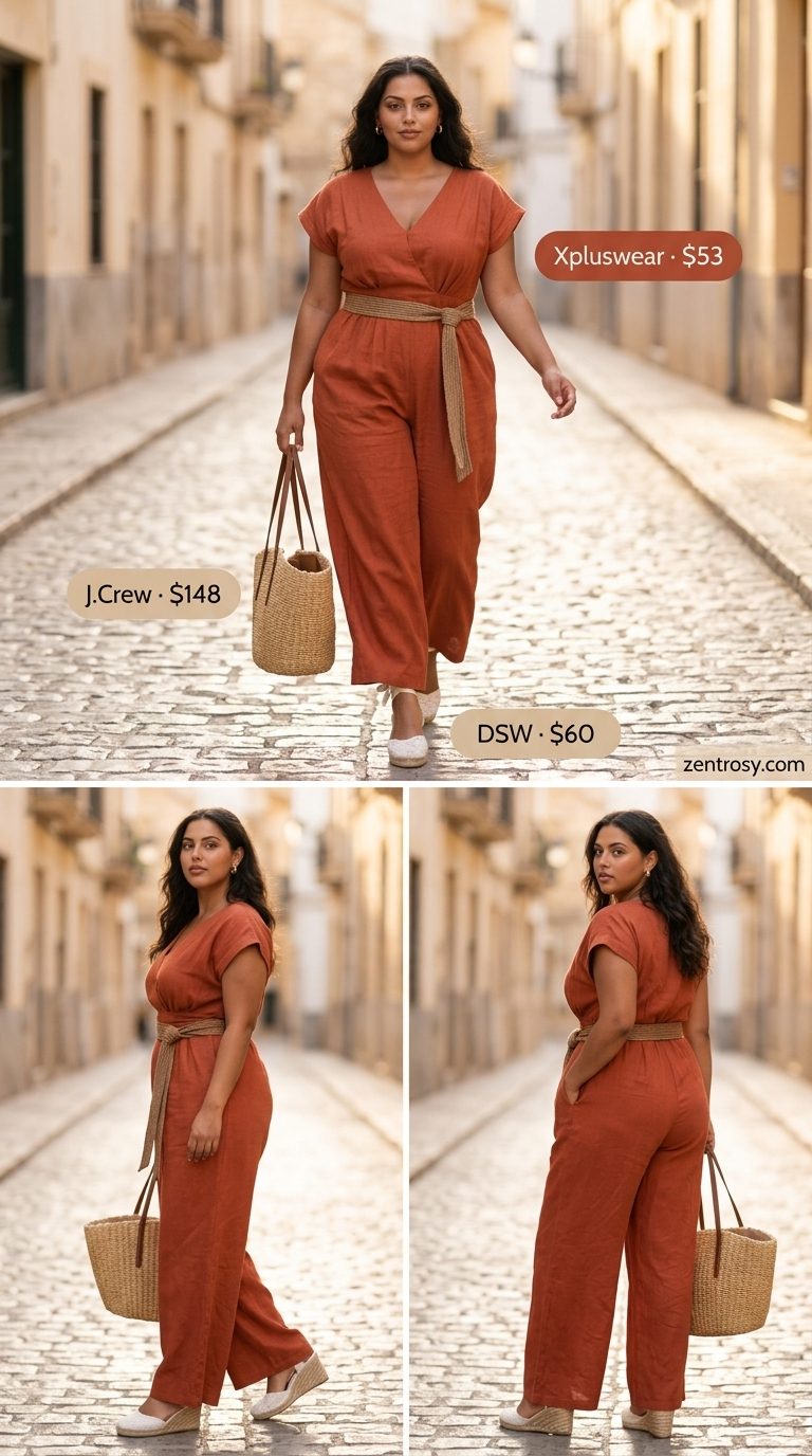 Easy Mom Outfits Summer 2026: Linen Jumpsuit Vacation Easy mom outfits summer 2026: Terracotta linen jumpsuit, espadrilles, straw tote for vacation.