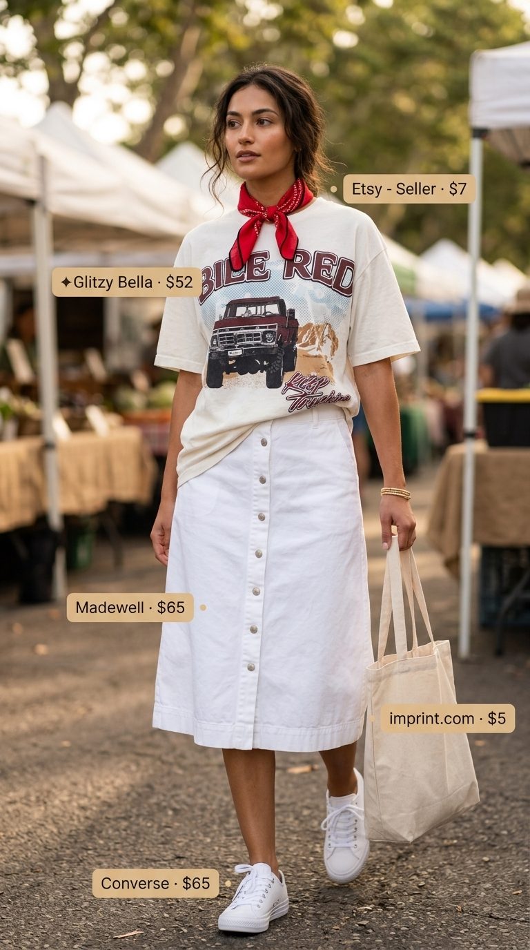 Easy Mom Outfits Summer 2026: Market Day Style Easy mom outfits summer for women 2026: Graphic tee, denim midi skirt, sneakers, and bandana for market.