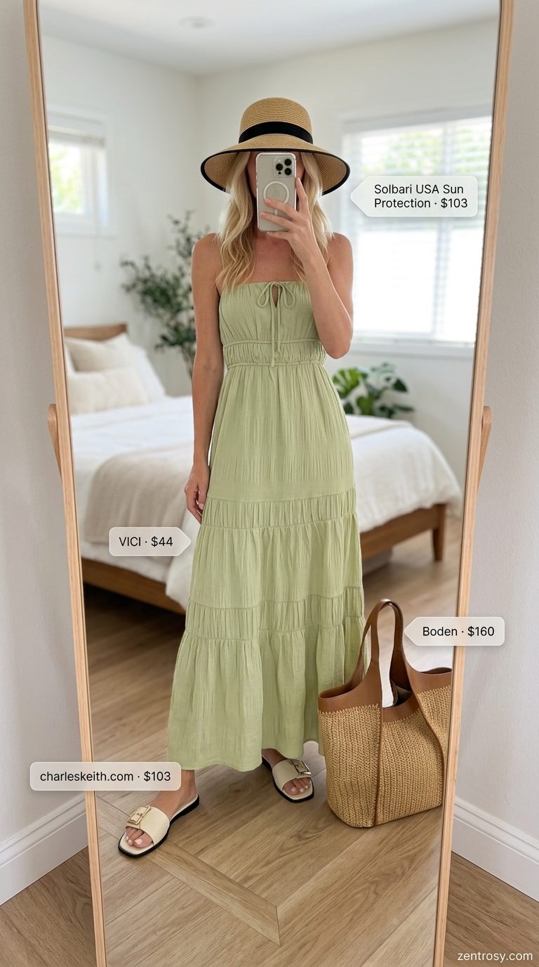 Easy Mom Outfits Summer 2026: Maxi Dress Beach Easy mom outfits summer 2026: Sage green maxi dress, straw tote, flat slides for beach.