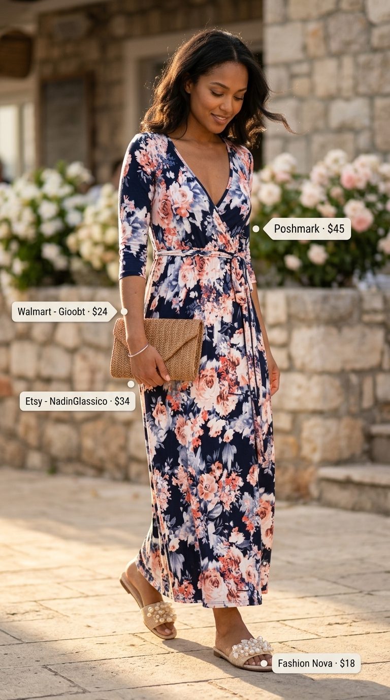 Easy Mom Outfits Summer 2026: Floral Maxi Dress Easy mom outfits summer for women 2026: Navy floral maxi wrap dress with embellished sandals and clutch.