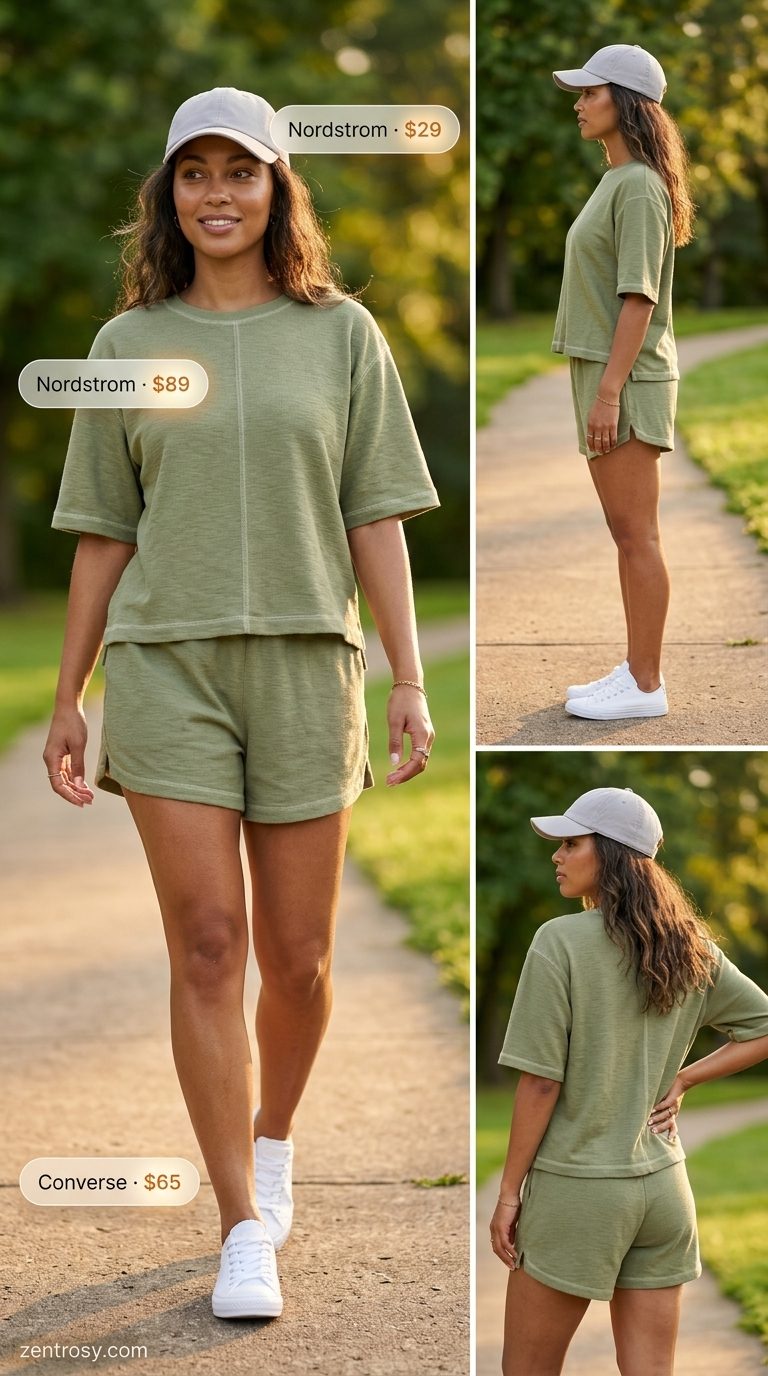 Easy Mom Outfits Summer 2026: Shorts Set Park Playdate Easy mom outfits summer 2026: Olive shorts set, sneakers, baseball cap for park playdate.