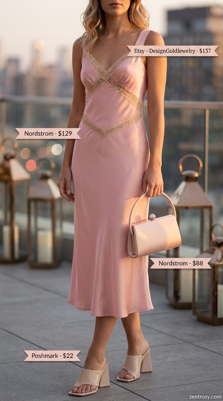 Easy Mom Outfits Summer 2026: Satin Slip Dress Easy mom outfits summer for women 2026: Blush pink satin slip dress with block heels and clutch for evening.