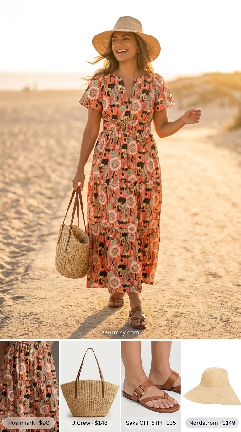 Easy Mom Outfits Summer 2026: Floral Sundress Easy mom outfits summer for women 2026: Coral floral maxi sundress with straw hat and sandals for vacation.