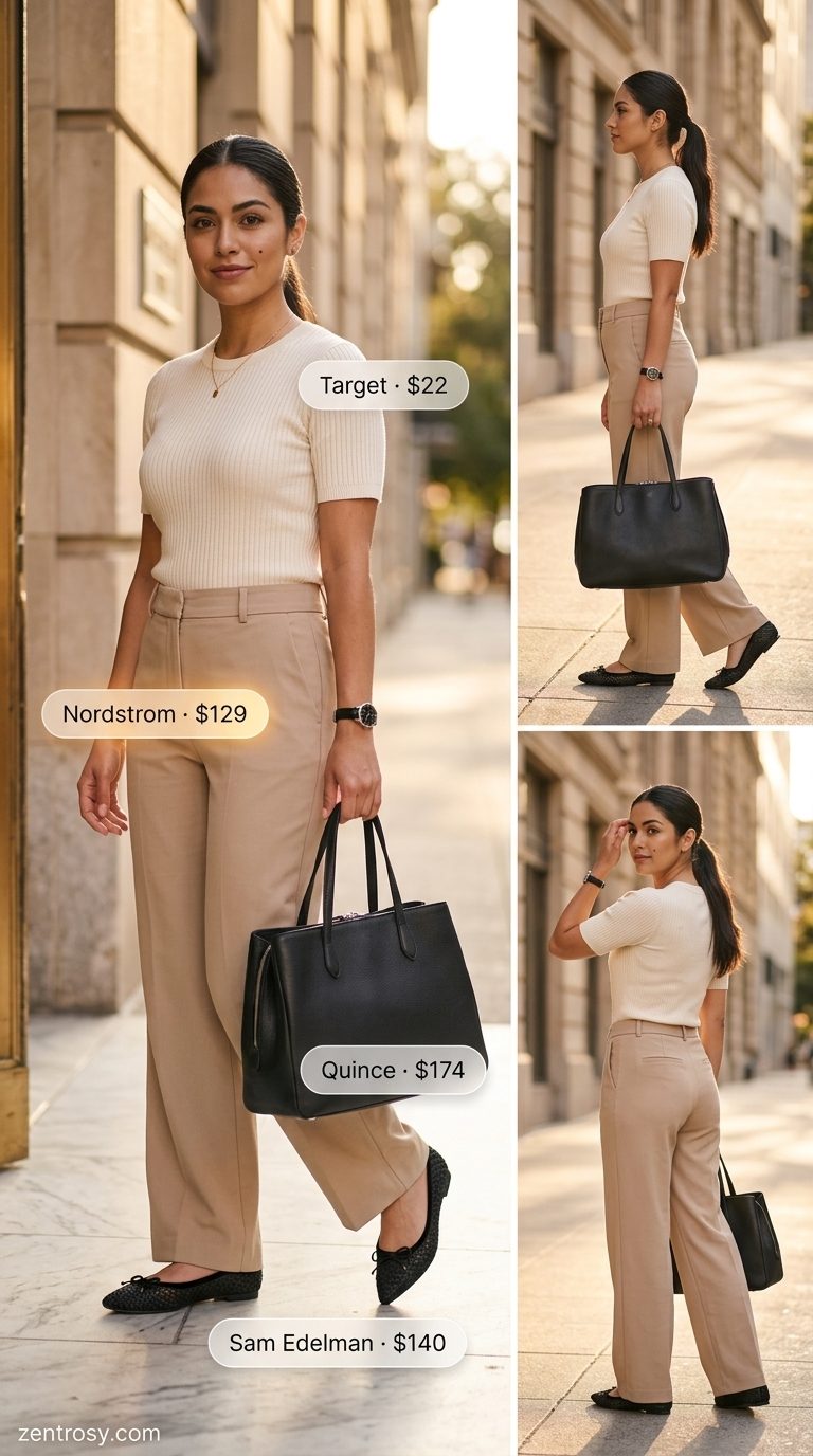 Easy Mom Outfits Summer 2026: Tailored Trousers Easy mom outfits summer for women 2026: Wide-leg trousers, ribbed knit top, ballet flats, and tote for office.