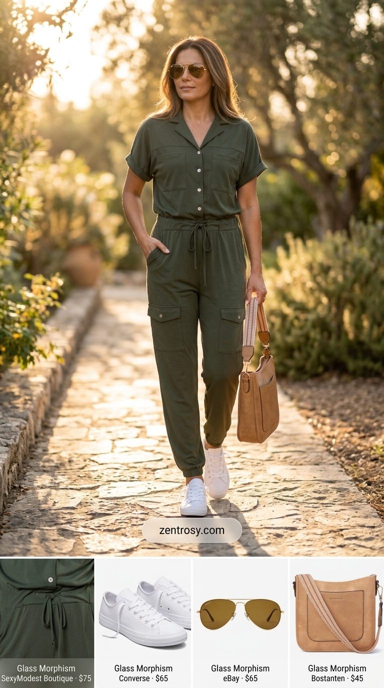 Easy Mom Outfits Summer 2026: Utility Jumpsuit Errands Easy mom outfits summer 2026: Olive utility jumpsuit, white sneakers, crossbody bag for errands.