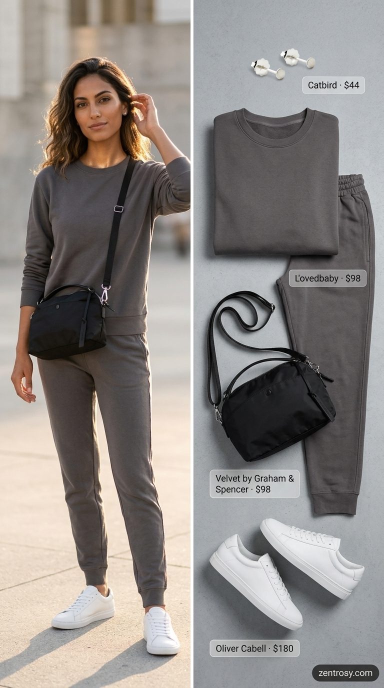 Easy Mom Outfits Summer 2026: Athleisure Set Easy mom outfits summer for women 2026: Charcoal grey knit set, white sneakers, and crossbody bag for athleisure.