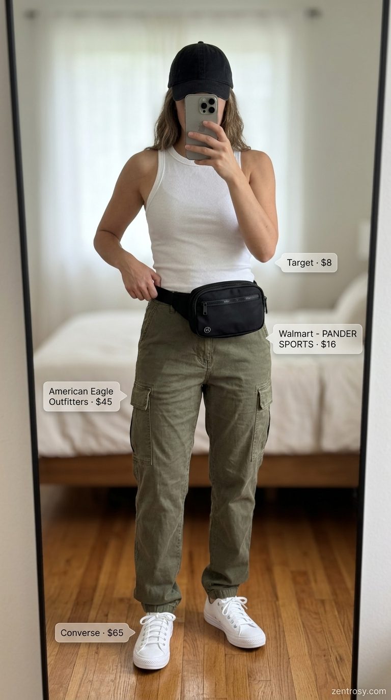 Easy Mom Outfits Summer 2026: Cargo Pants Casual Easy mom outfits summer for women 2026: Olive cargo pants, white tank, white sneakers, and black cap.