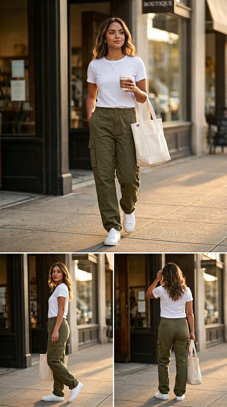 Easy Mom Outfits Summer 2026: Cargo Pants Comfort Easy mom outfits summer for women 2026: Olive cargo pants, white tee, and white sneakers for casual comfort.