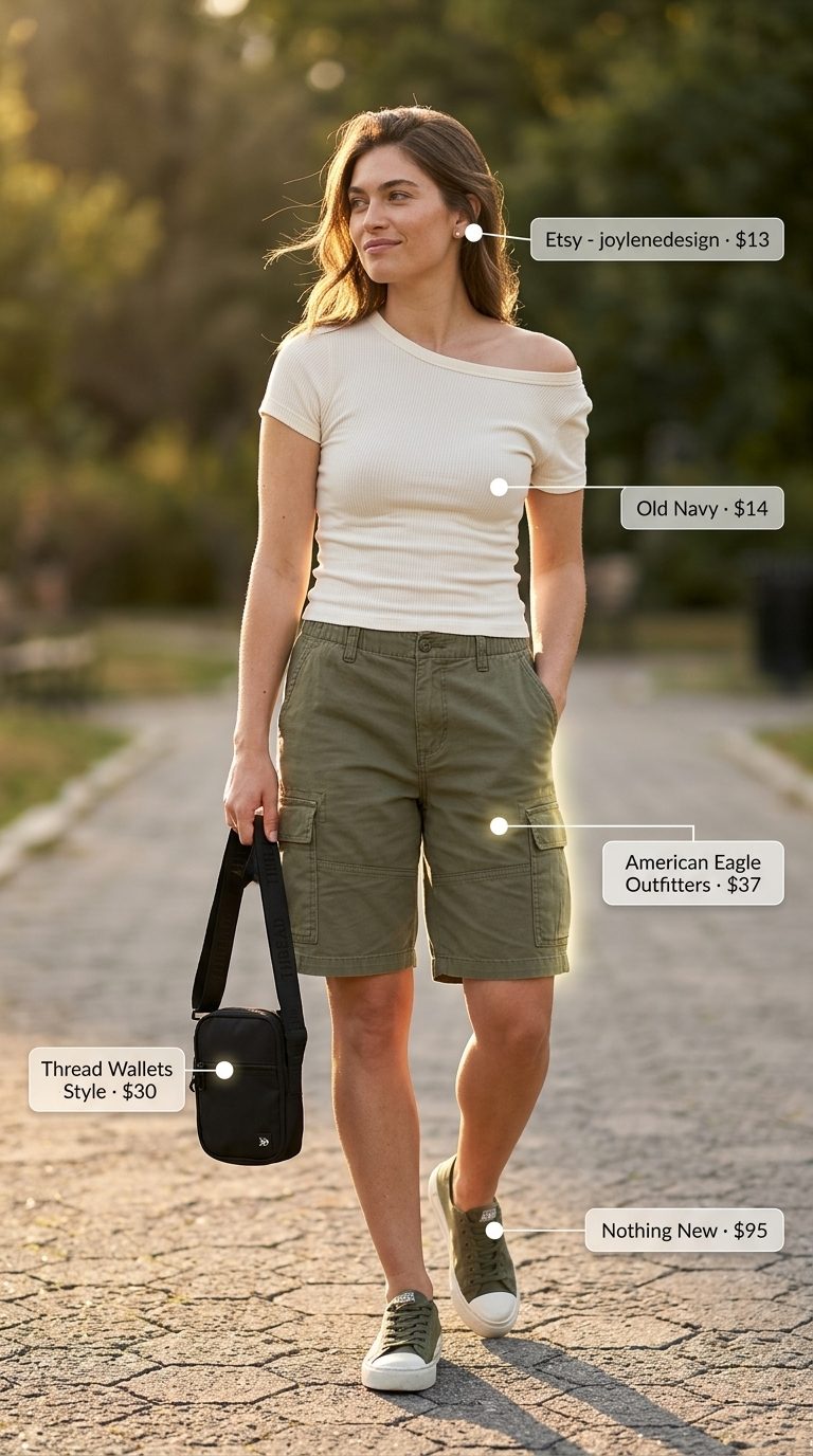 Easy Mom Outfits Summer 2026: Casual Shorts Style Easy mom outfits summer for women 2026: Khaki cargo shorts, white tee, and olive sneakers for casual comfort.