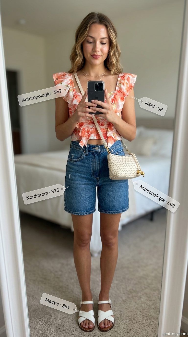 Easy Mom Outfits Summer 2026: Denim Shorts Style Easy mom outfits summer for women 2026: Denim shorts, coral floral blouse, and flat sandals for a sunny look.