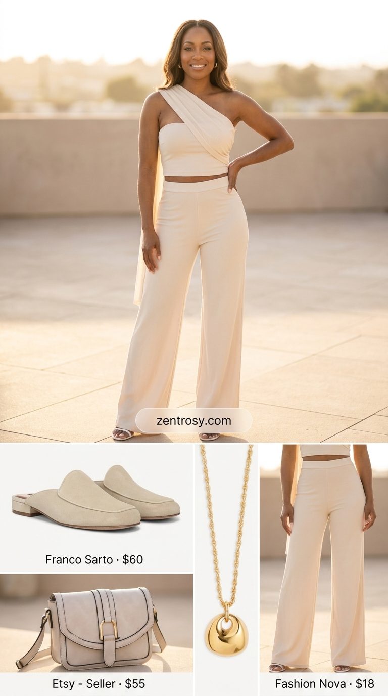 Easy Mom Outfits Summer 2026: Knit Set Comfort Easy mom outfits summer for women 2026: Cream knit set, beige mules, and gold necklace for relaxed chic.