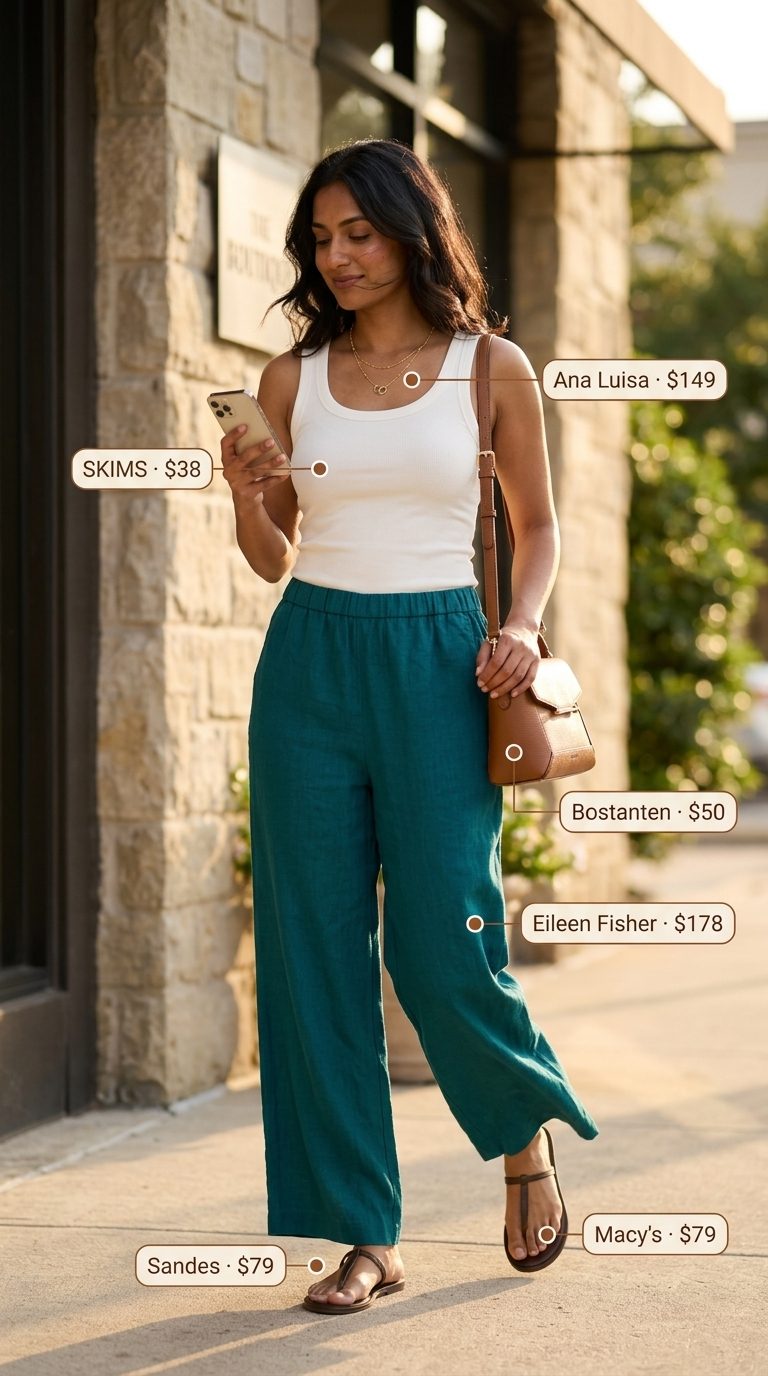Easy Mom Outfits Summer 2026: Linen Pants Style Easy mom outfits summer for women 2026: Sage green linen pants, cream tank, and tan sandals for casual daytime.