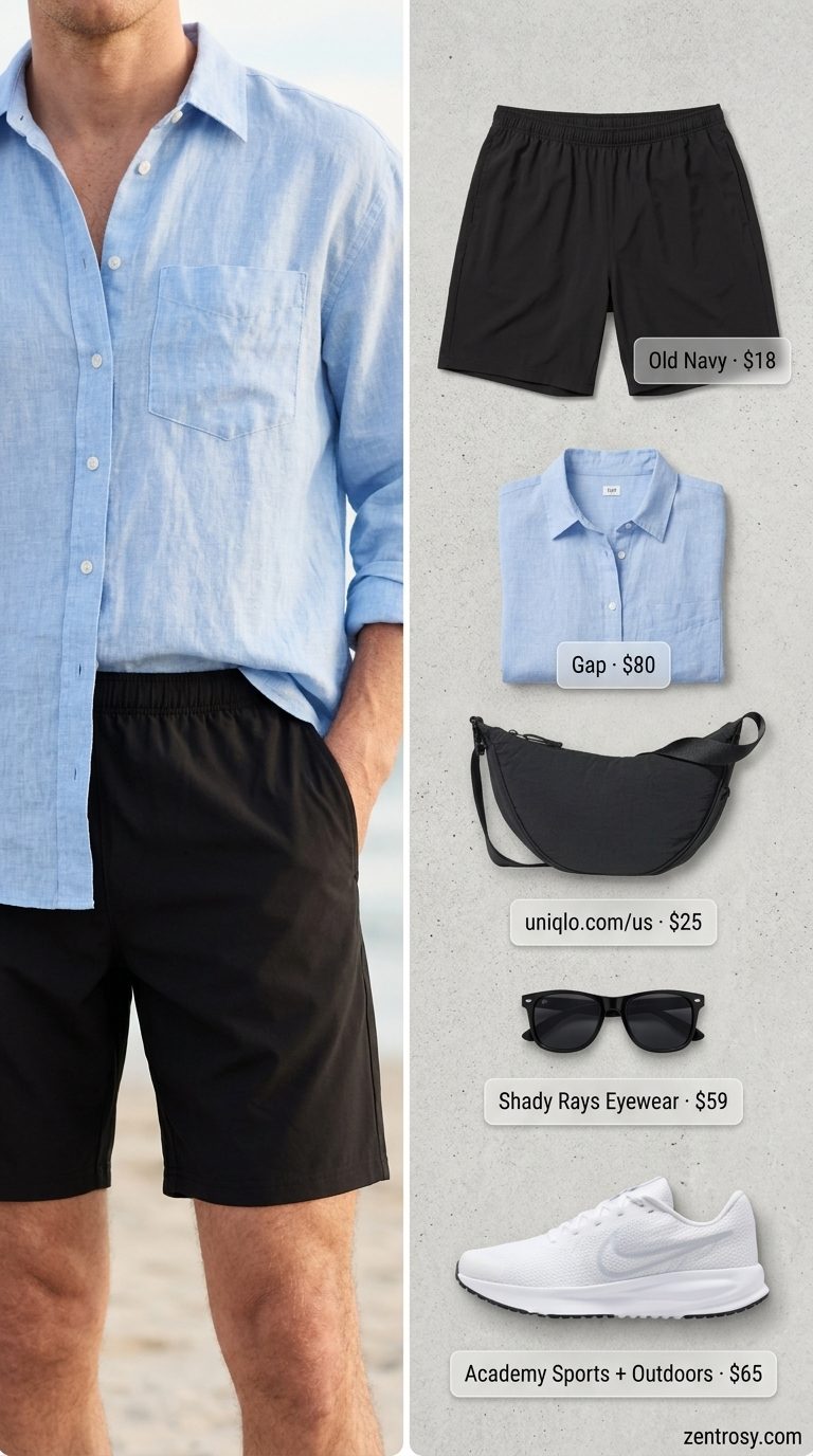 Easy Mom Outfits Summer 2026: Sporty Linen Shirt Easy mom outfits summer for women 2026: Light blue linen shirt, black athletic shorts, and white sneakers.