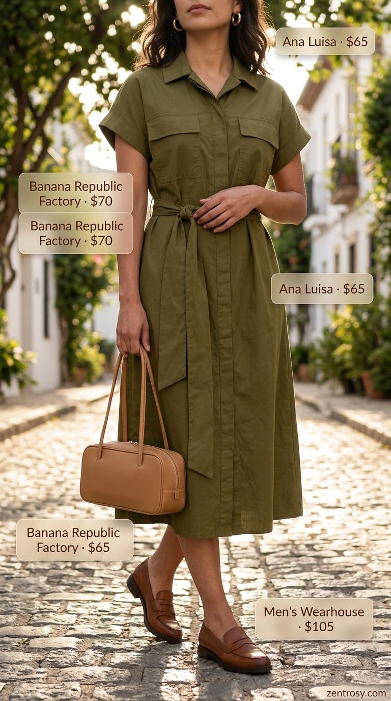 Easy Mom Outfits Summer 2026: Chic Shirt Dress Easy mom outfits summer for women 2026: Olive shirt dress, tan loafers, and cream tote for a polished look.