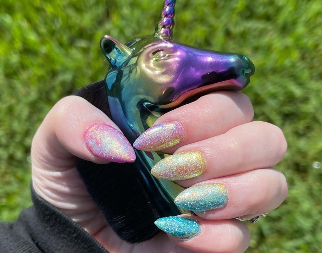 Short Almond Iridescent Glitter Nails Short Almond Iridescent Glitter Nails — Easy Unicorn Nails